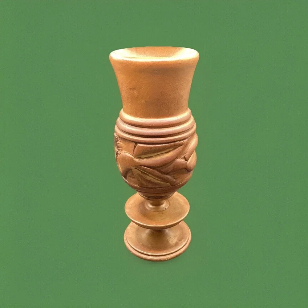 Vintage Turned &‎ Hand-Carved Wooden Vase - Crafted in Haiti - Signed